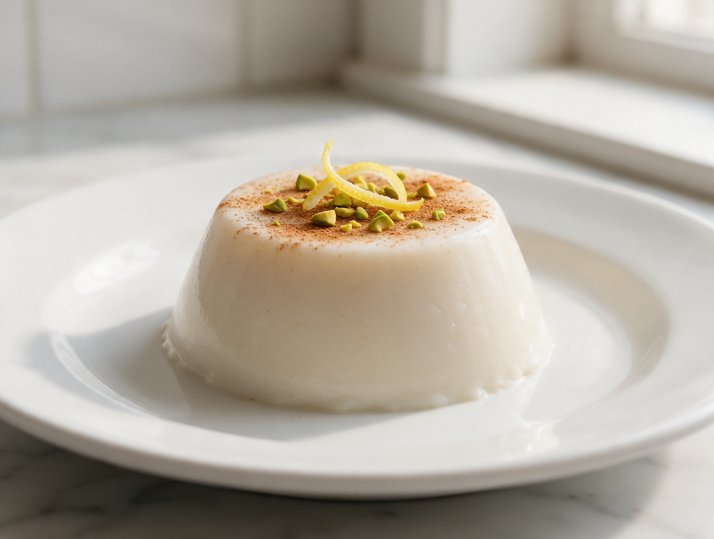 Pale unmolded biancomangiare pudding on a white plate, dusted with cinnamon and chopped pistachio on a marble counter