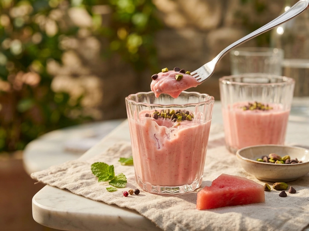Two cups of chilled watermelon pudding on a linen napkin at an outdoor table beside a fresh watermelon wedge