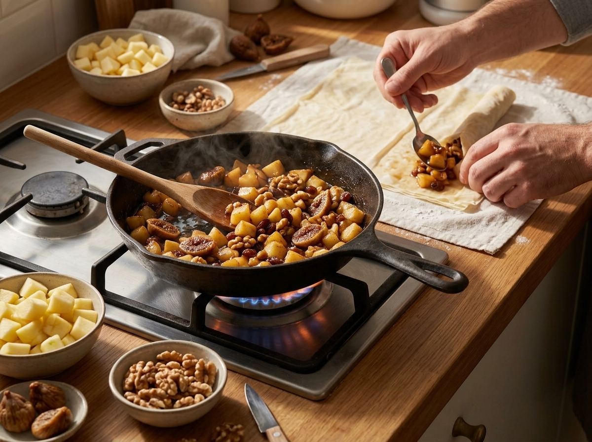 Hands rolling thin dough over a floured cloth, apple and walnut filling ready in a bowl on the counter.