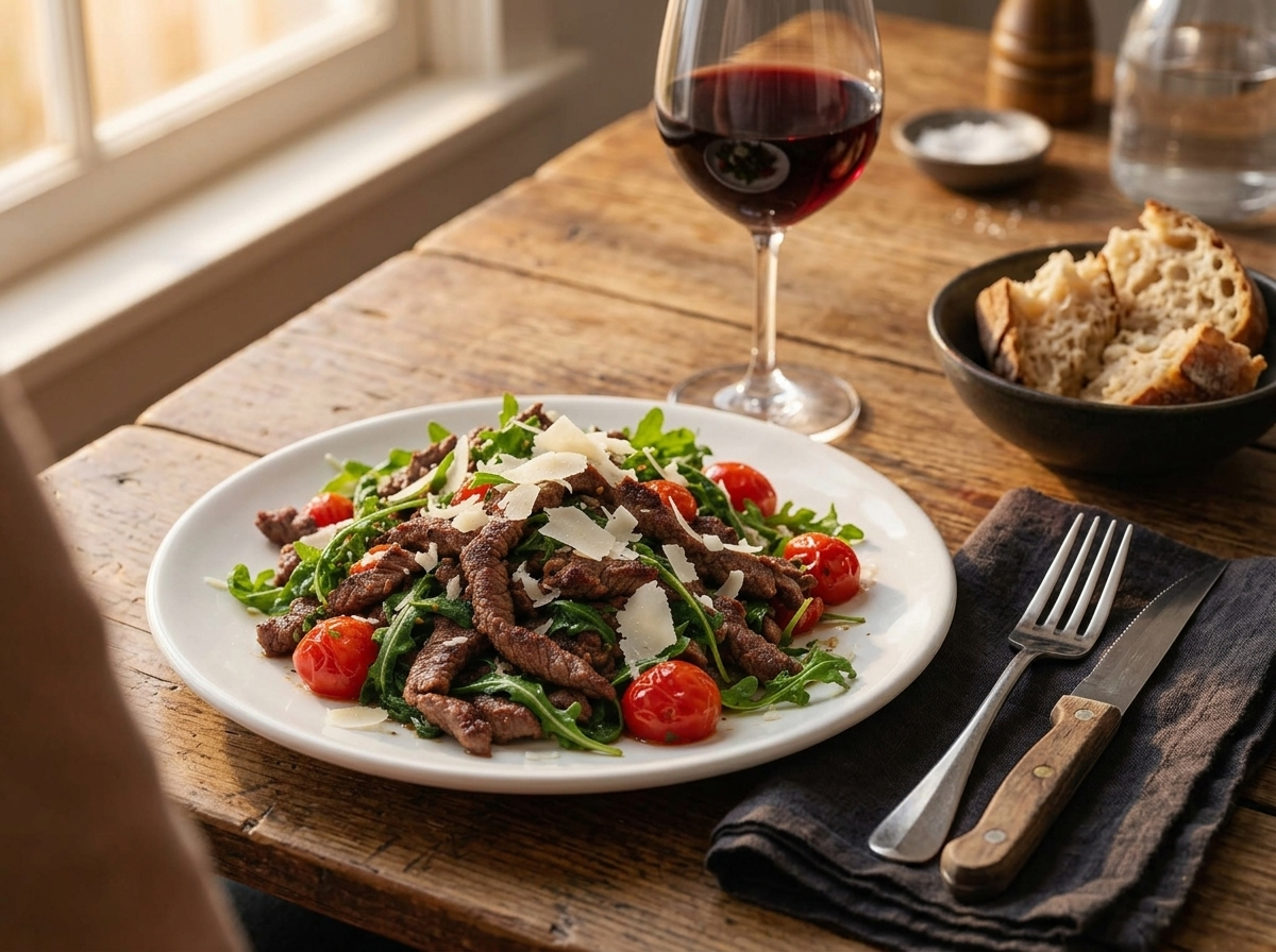 A plate of beef straccetti with arugula set on a wooden table beside a glass of red wine and torn bread