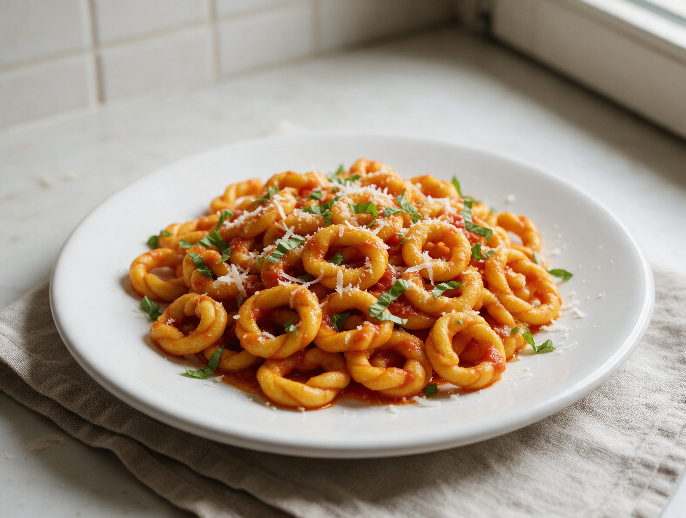 Golden lorighittas rings coated in saffron-red tomato sugo, topped with shaved pecorino and torn basil on a white plate
