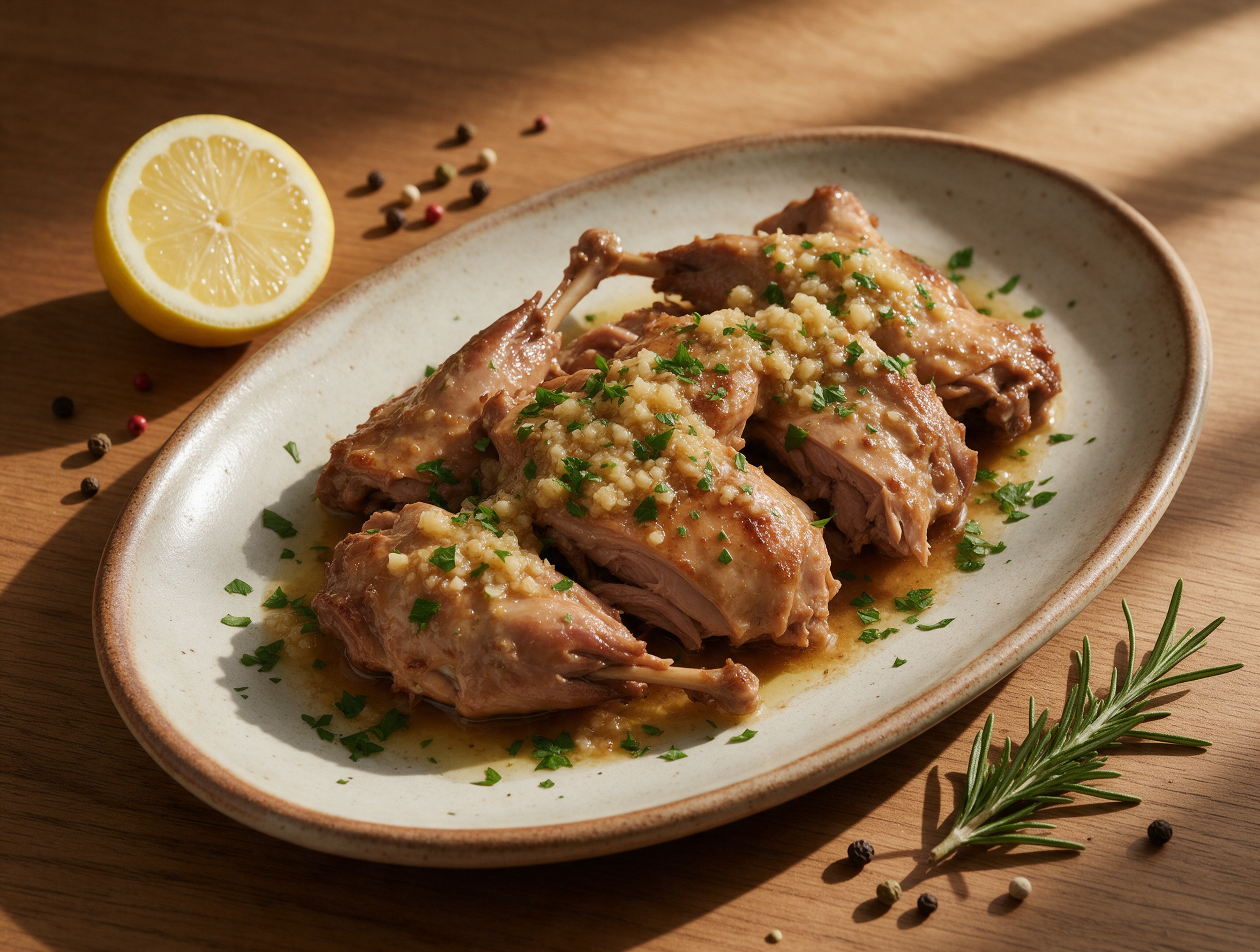 Braised rabbit pieces on a ceramic platter topped with garlicky agliata sauce and fresh parsley on a wooden table