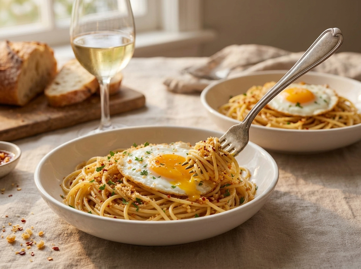 Two bowls of spaghetti with fried egg served on a linen tablecloth beside a glass of white wine and crusty bread