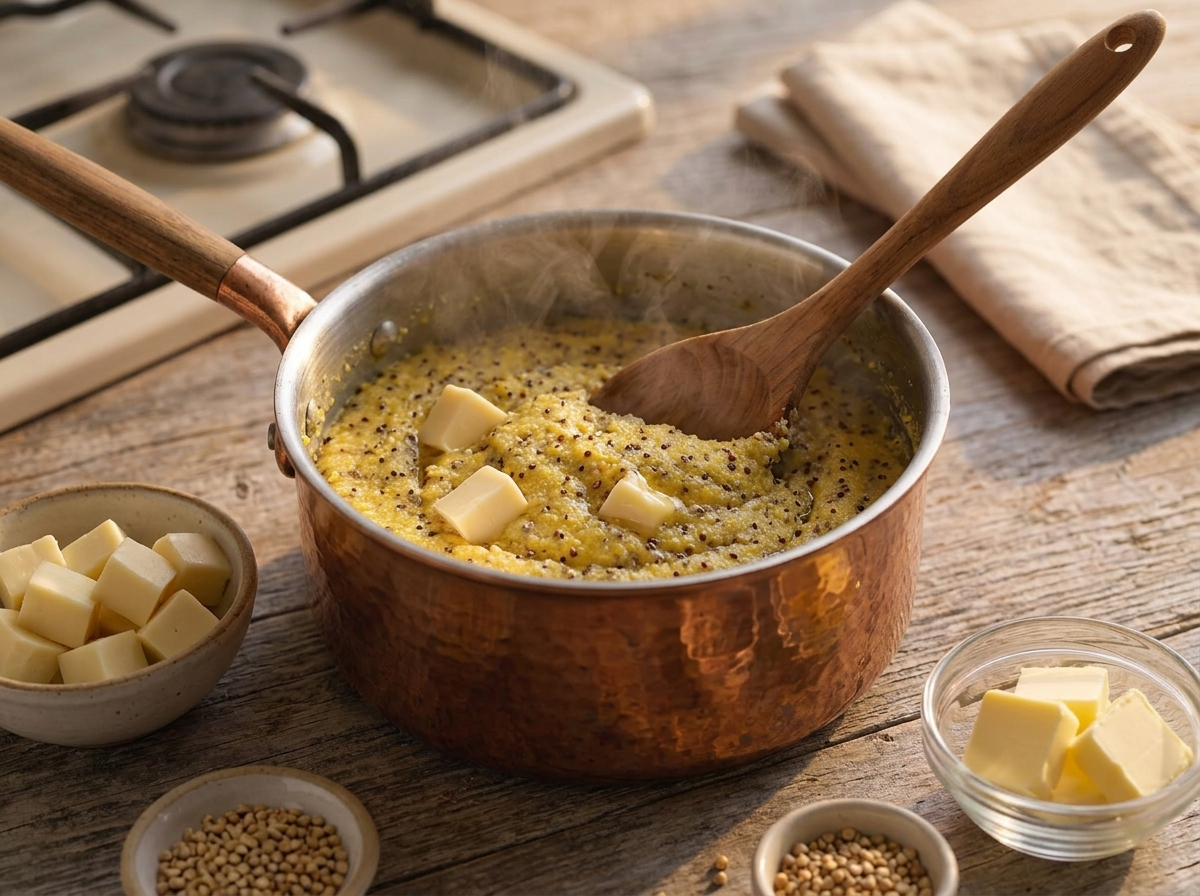 Wooden spoon stirring dense buckwheat polenta in a copper pot as it pulls away from the sides