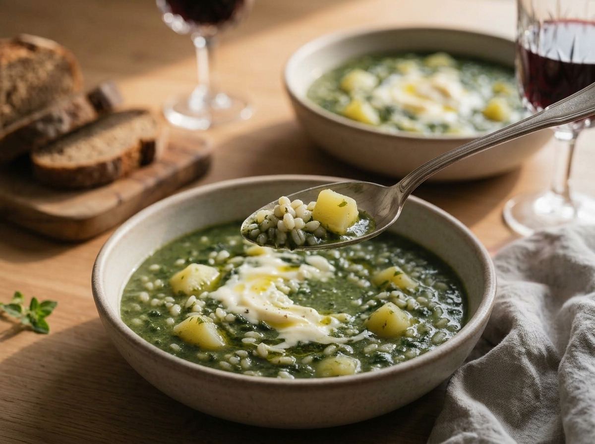 Two bowls of nettle soup set on a rustic wooden table with rye bread, a linen napkin, and a glass of red wine.