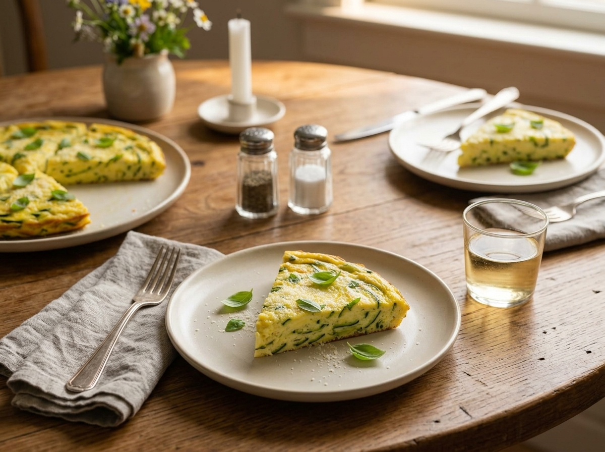 A plated wedge of zucchini frittata with a fork and glass of white wine on a sunlit wooden table
