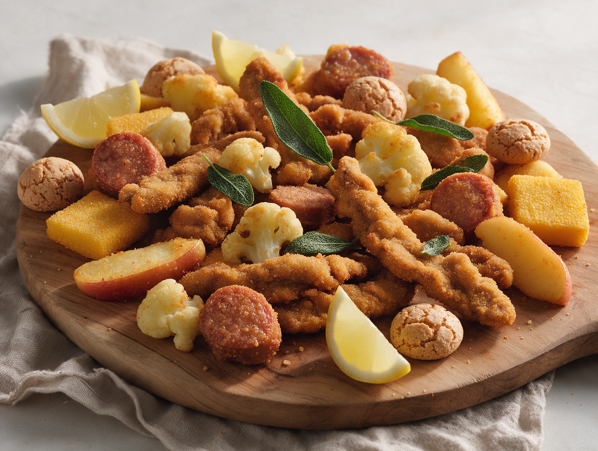 Golden fried veal, sausage rounds, and cauliflower piled on a wooden board with lemon wedges and crisp sage leaves visible.