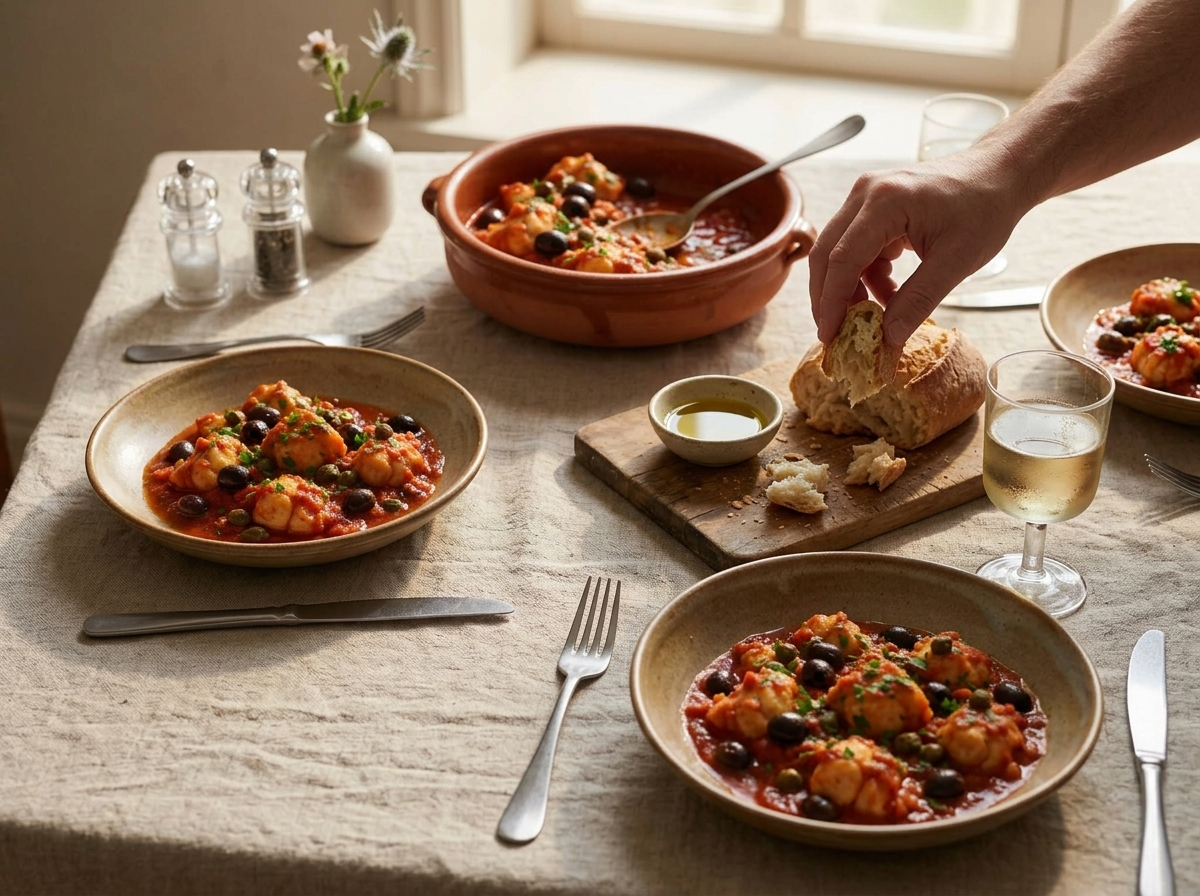 Two bowls of monkfish stew on a linen-covered table with torn ciabatta and a glass of chilled white wine nearby