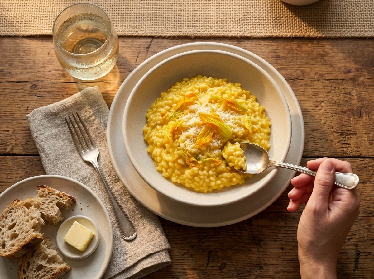 Table set with a linen napkin, a glass of white wine, and a bowl of squash blossom risotto ready to eat.