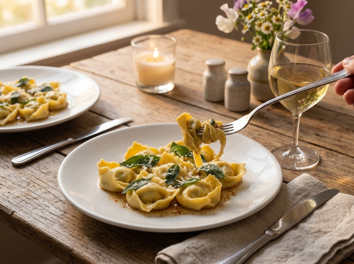 Rustic table set with a plate of tortelli d'erbetta, a glass of white wine, and a linen napkin under soft light