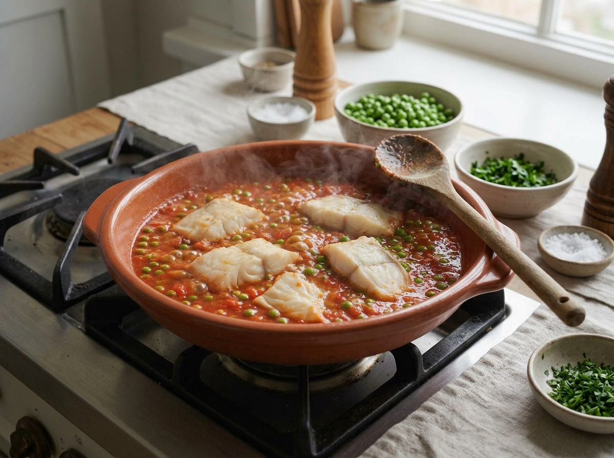 Palombo steaks simmering in a bubbling tomato sauce in a wide pan, with fresh peas being stirred in and steam rising