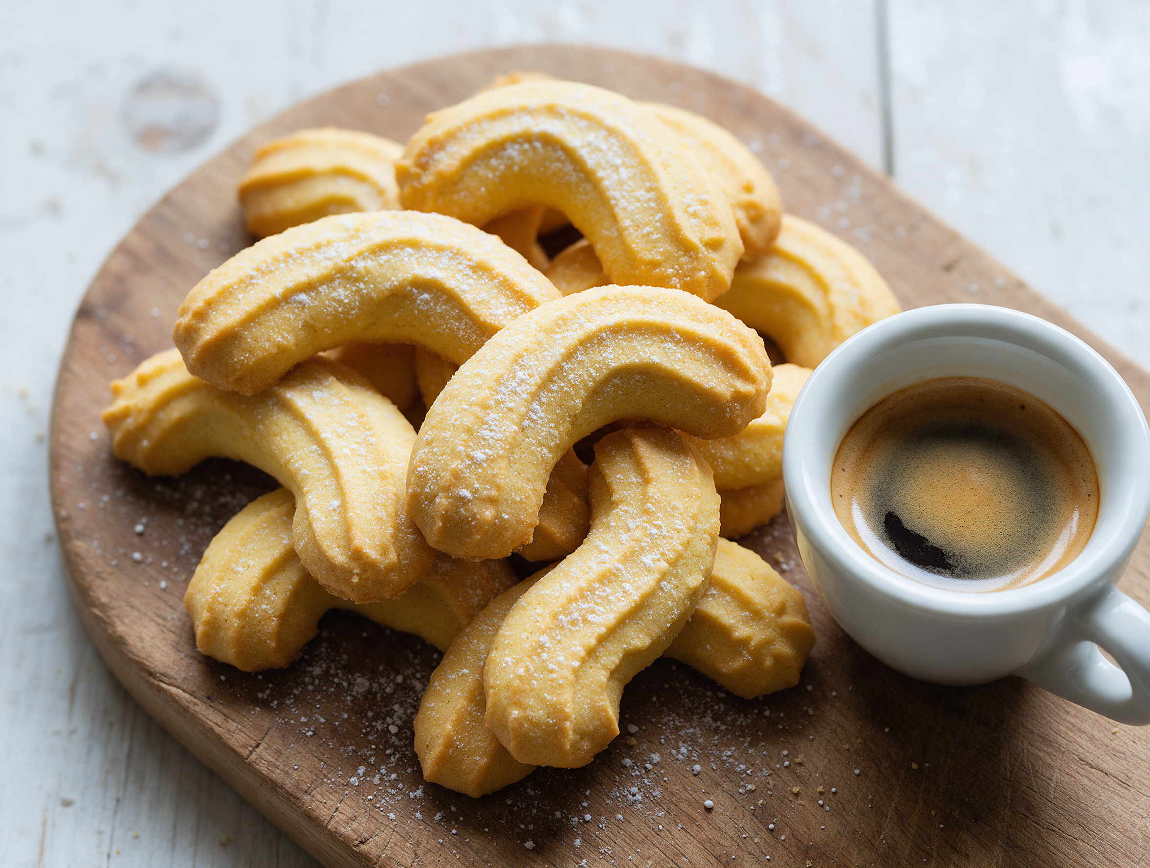 Golden curved krumiri cookies dusted with powdered sugar, stacked on a wooden board beside a small espresso cup.