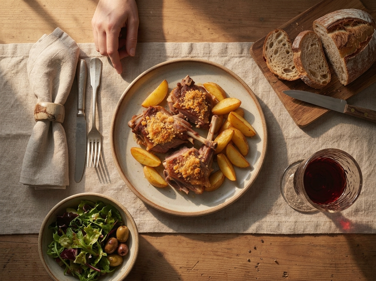 Family hands reaching for roast kid goat and potatoes at a rustic table set with red wine and crusty bread