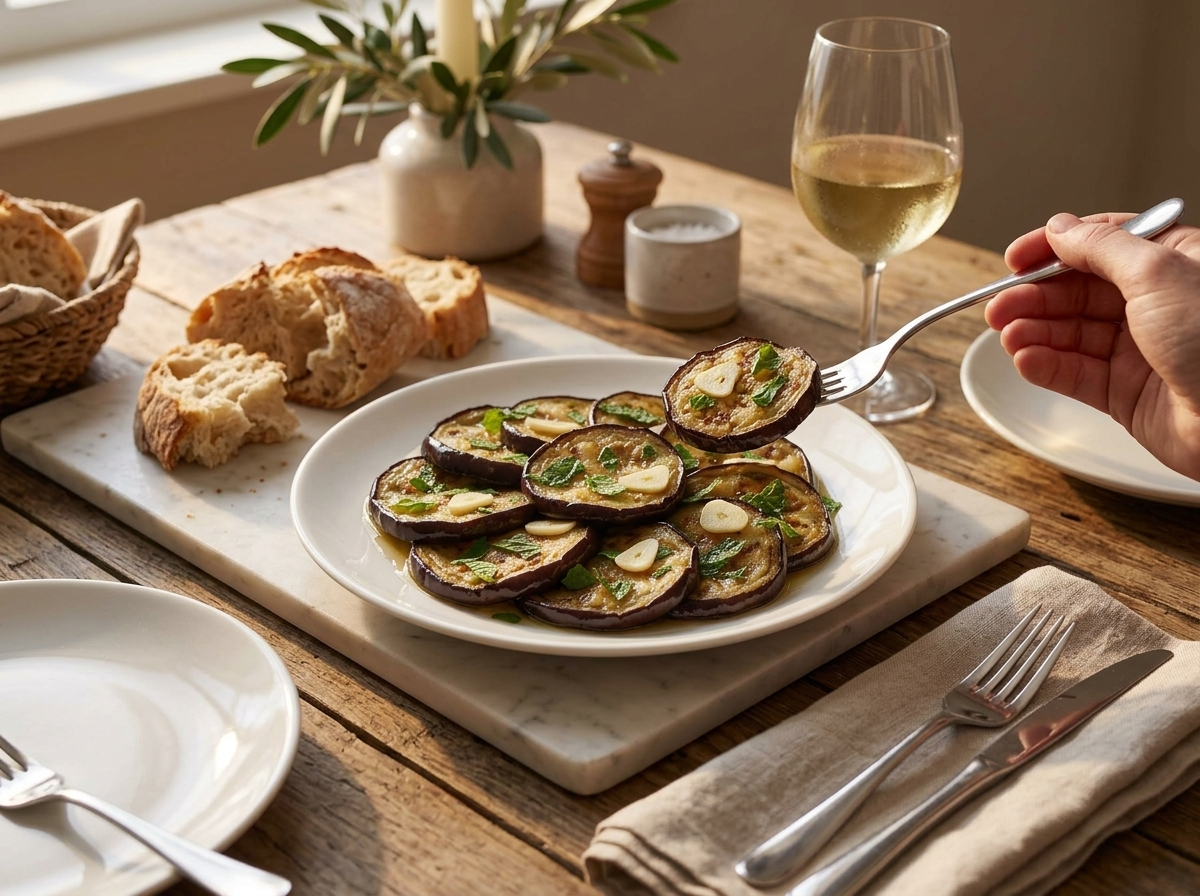 Hand reaching for a slice of melanzane a scapece on a rustic table set with crusty bread and a glass of white wine