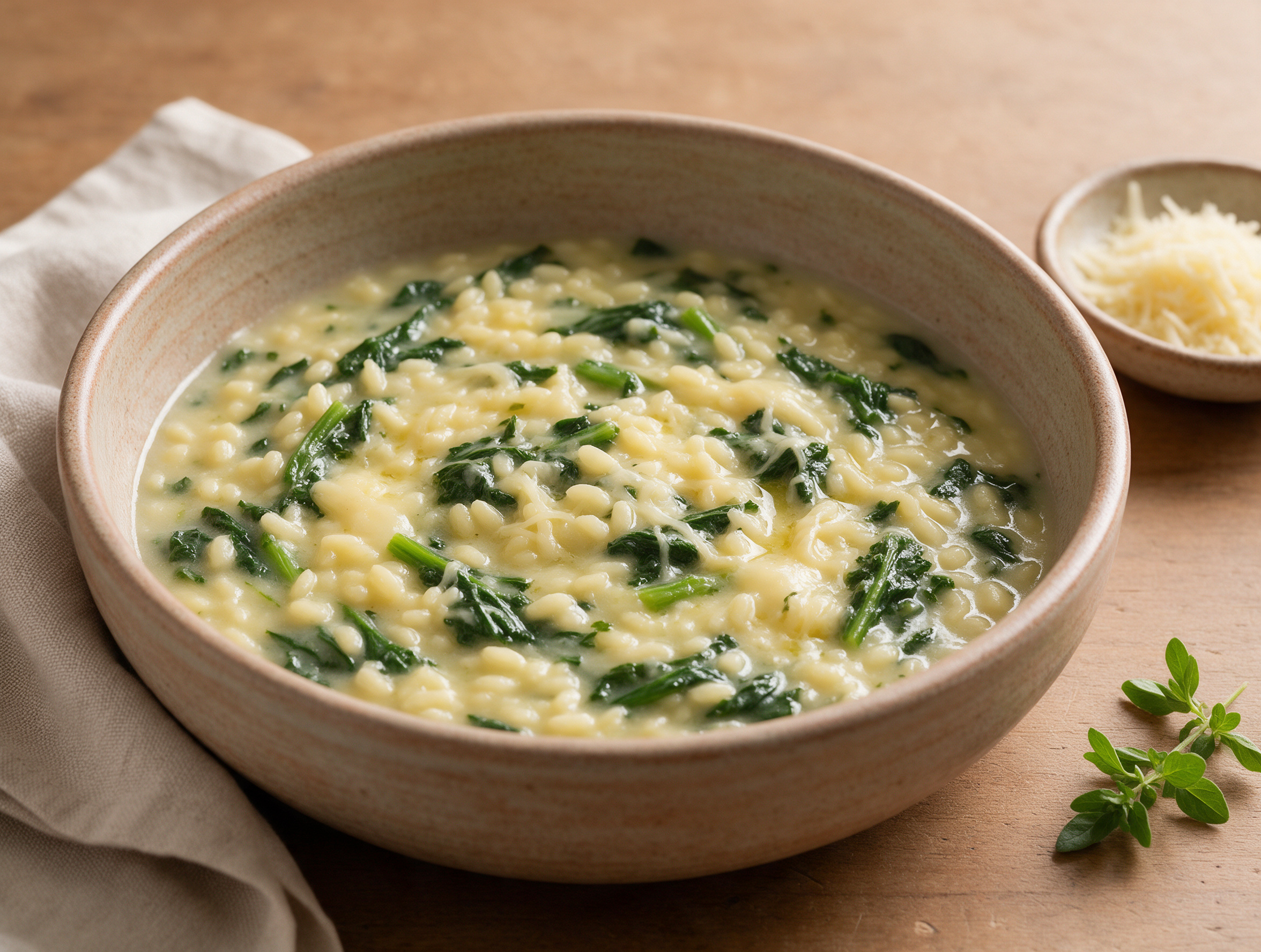 Overhead bowl of Ris e Revertis showing rice, dark turnip greens, and melted Casera cheese swirled through broth.