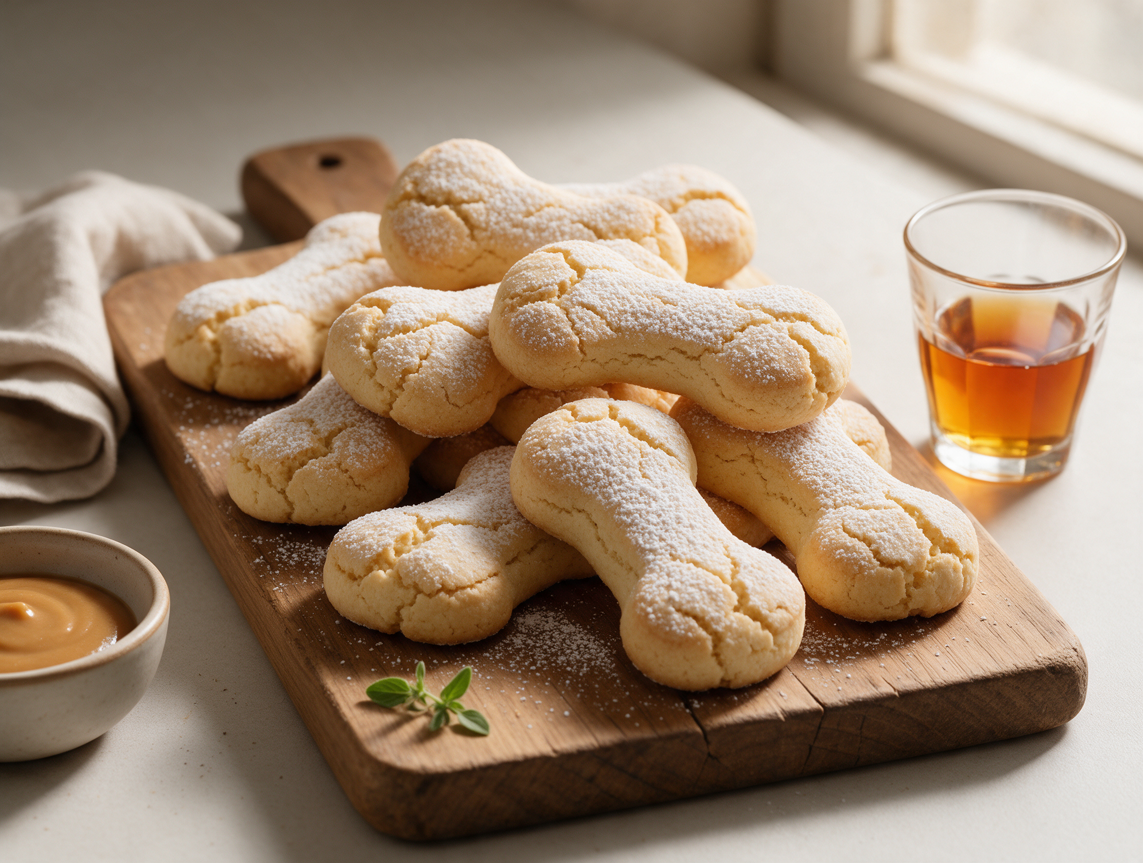 Pale golden bone-shaped almond cookies with cracked tops and powdered sugar dust on a rustic wooden board.