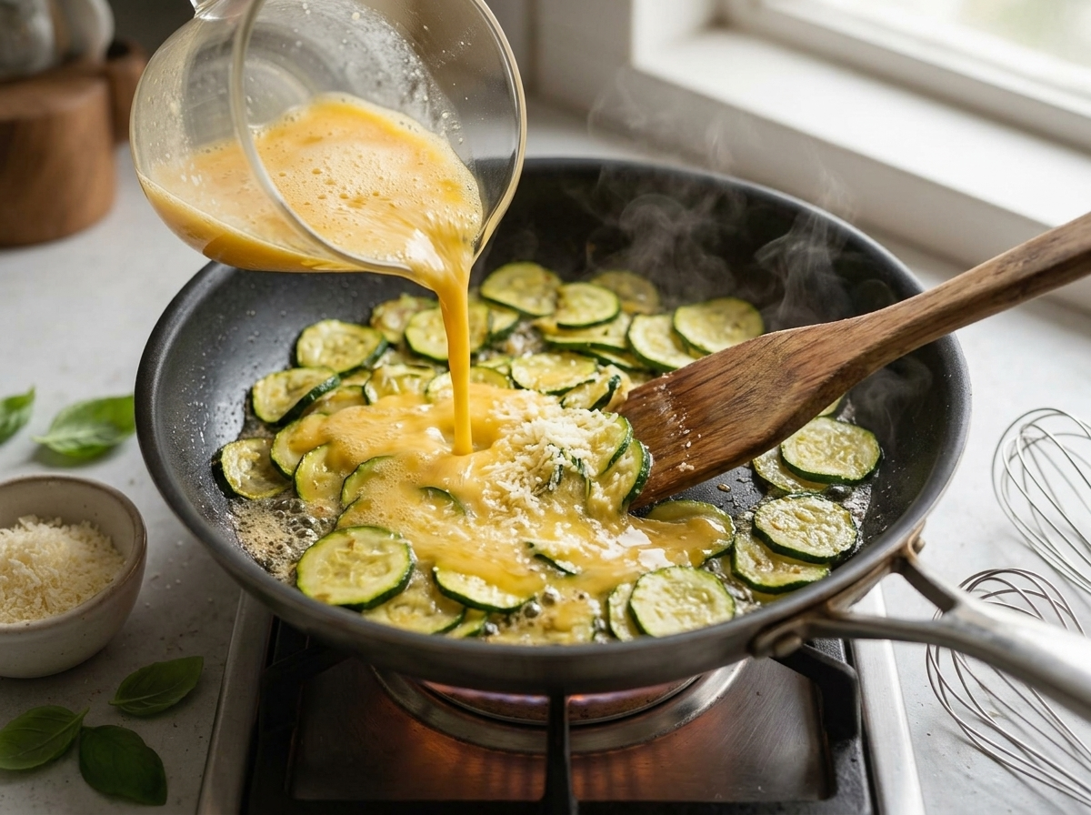Beaten eggs and parmesan being poured over golden pan-cooked zucchini slices in a nonstick skillet on the stove