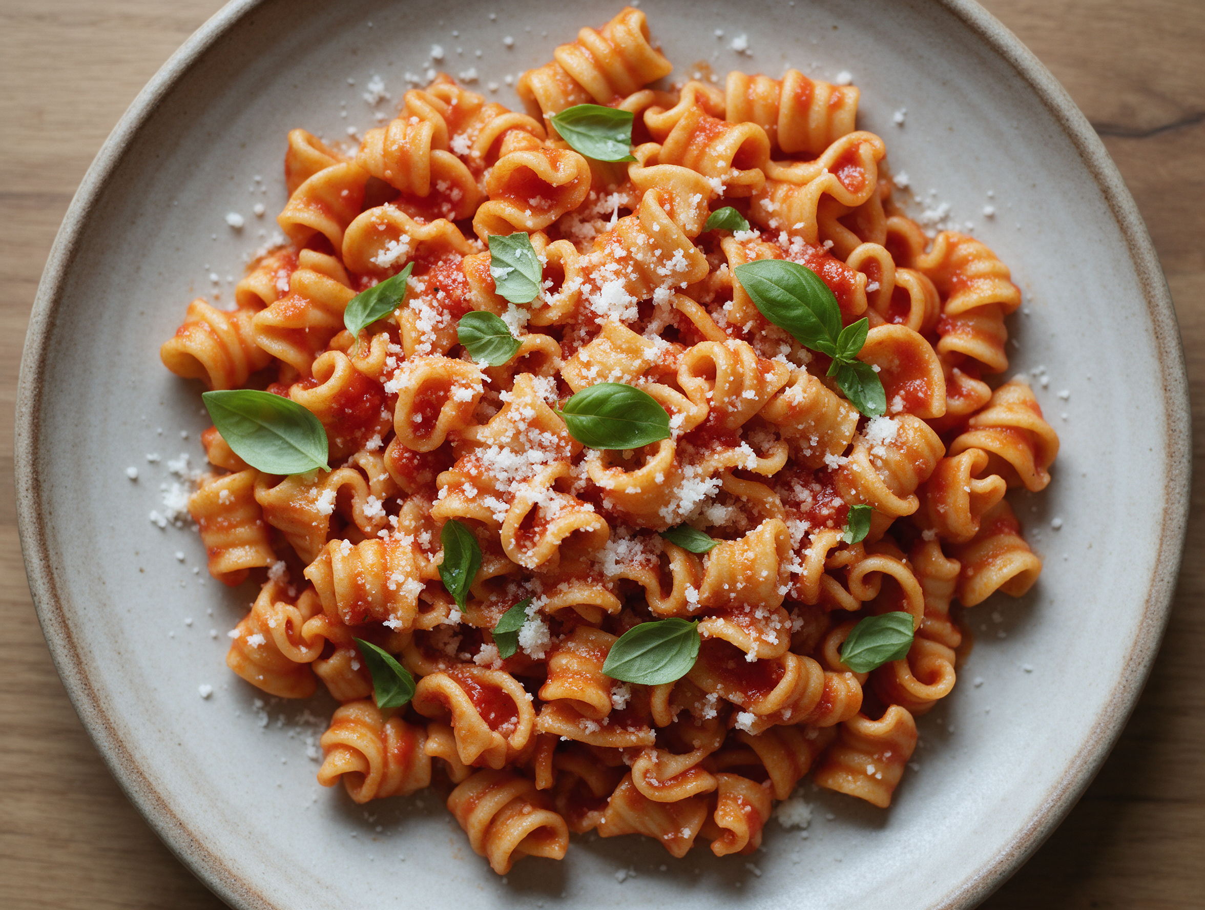 Overhead shot of curled sagne ncannulate pasta coated in vivid tomato sugo, topped with grated cacioricotta and basil.