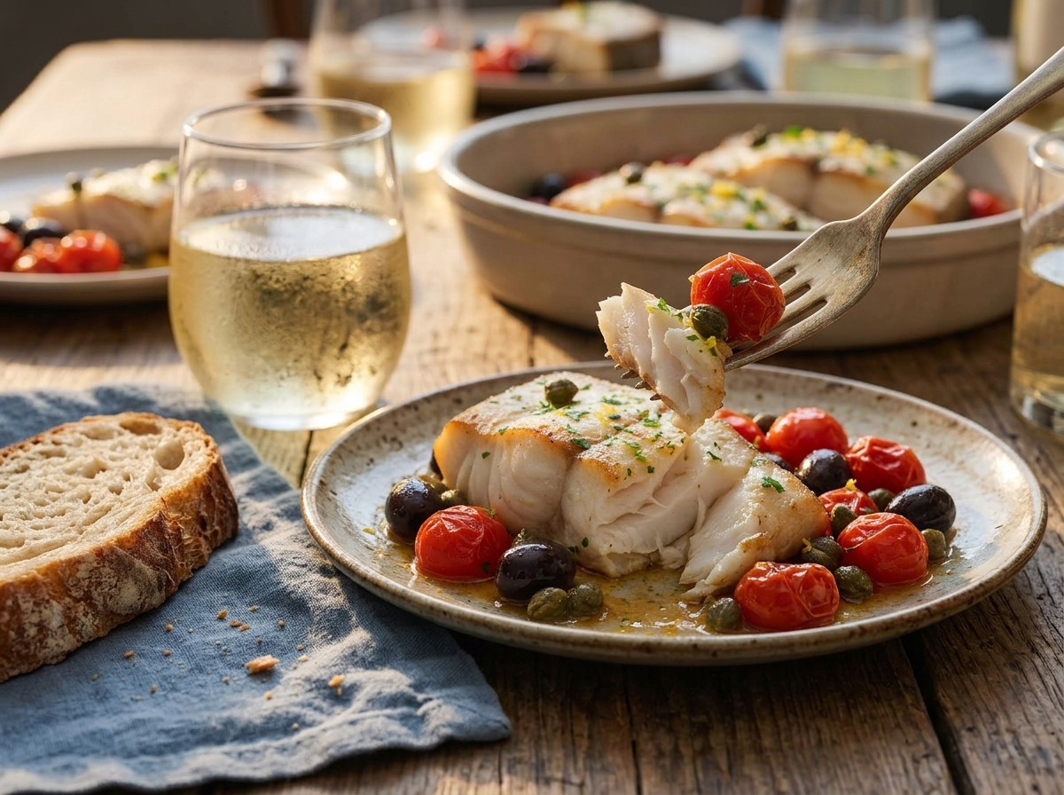 Plated grouper with tomato-caper sauce beside crusty bread and a glass of white wine on a linen-covered table