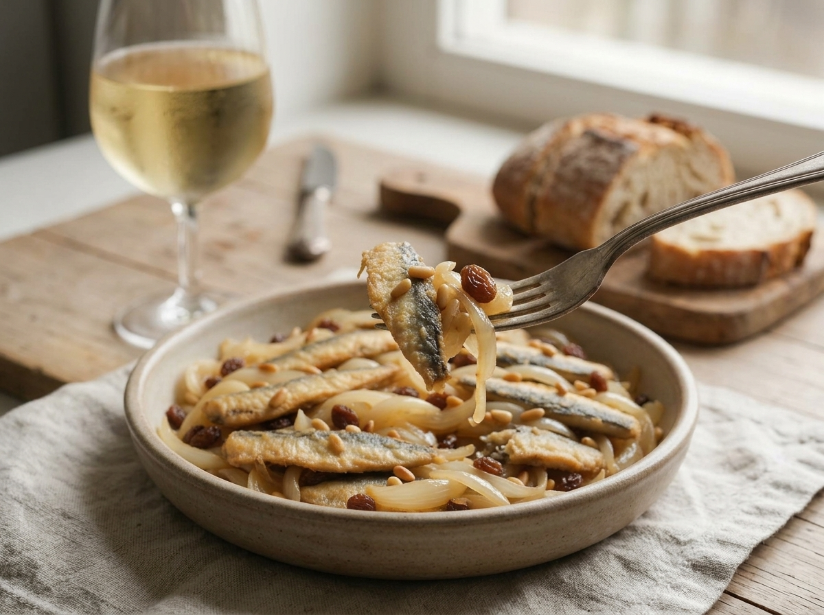 Small plates of sarde in saor served alongside crusty bread and a glass of white wine at a rustic table