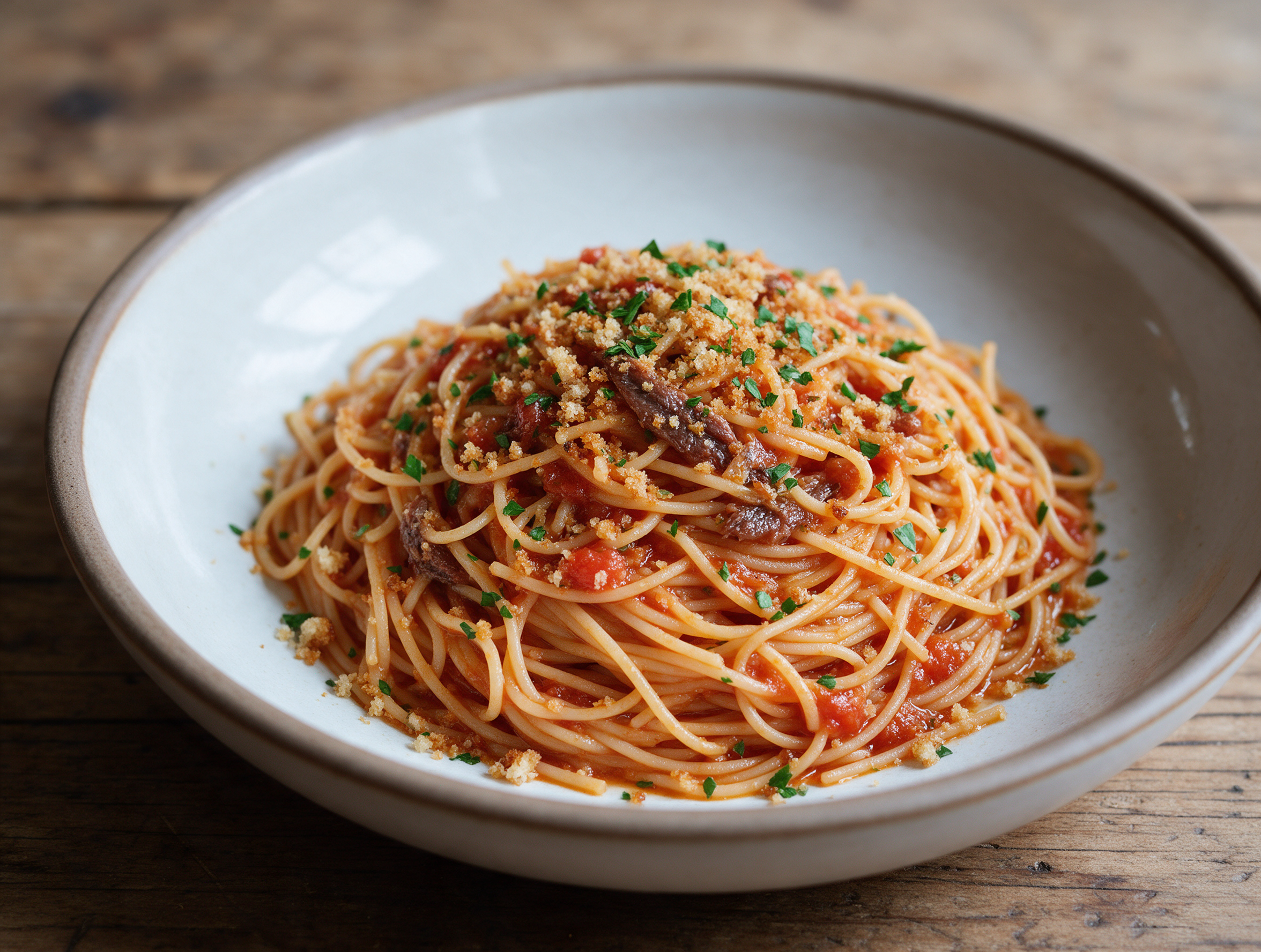 Overhead view of vermicelli alle vongole fujute in a ceramic bowl, glossy tomato sauce, toasted breadcrumbs and parsley on top.