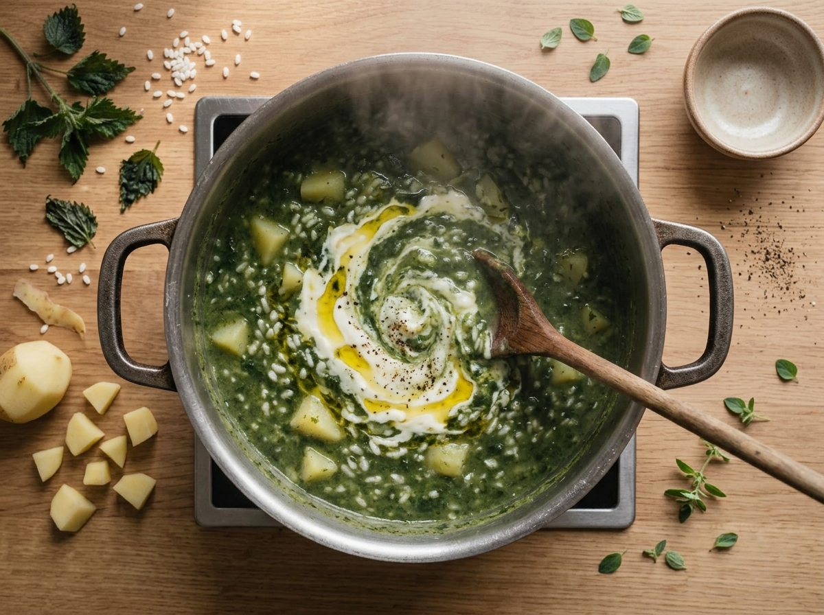 Nettle leaves wilting into simmering potato-rice broth in a heavy pot, steam rising as a wooden spoon stirs.