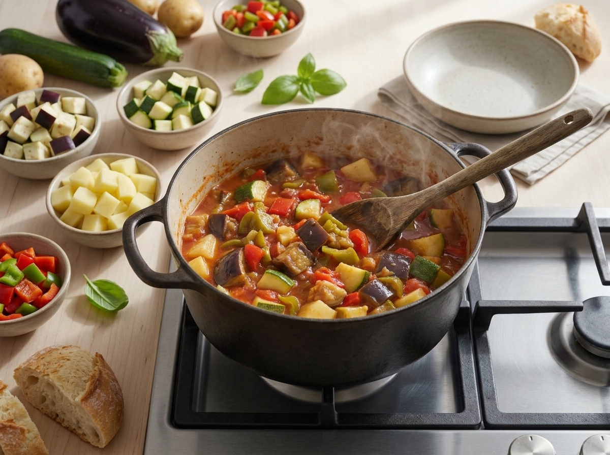 Vegetables simmering in tomato broth inside a Dutch oven, wooden spoon stirring eggplant and potato pieces