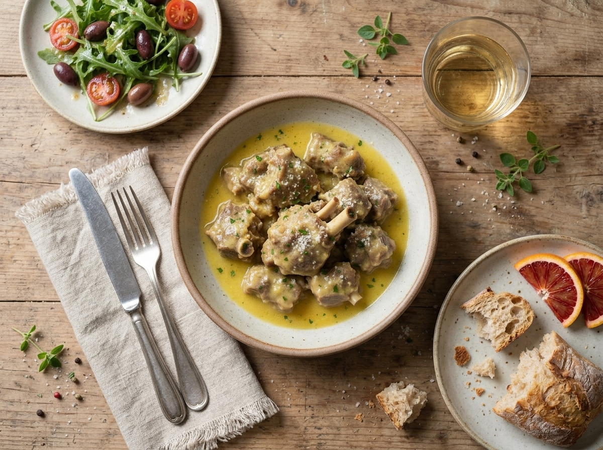 Table set with a bowl of lamb brodettato, torn bread, and a glass of white wine in warm afternoon light