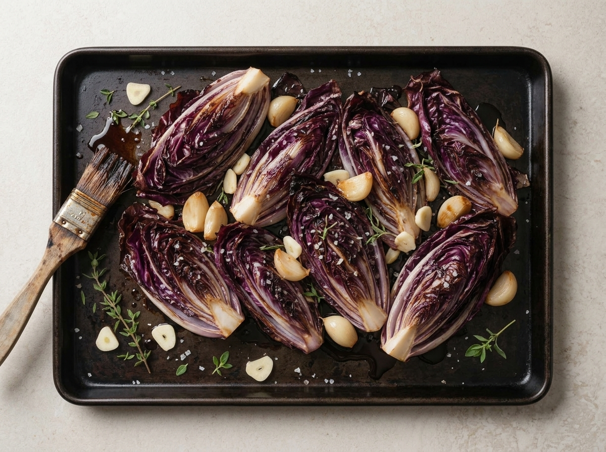 Radicchio wedges arranged cut-side up on a sheet pan, brushed with balsamic marinade and scattered with garlic and thyme