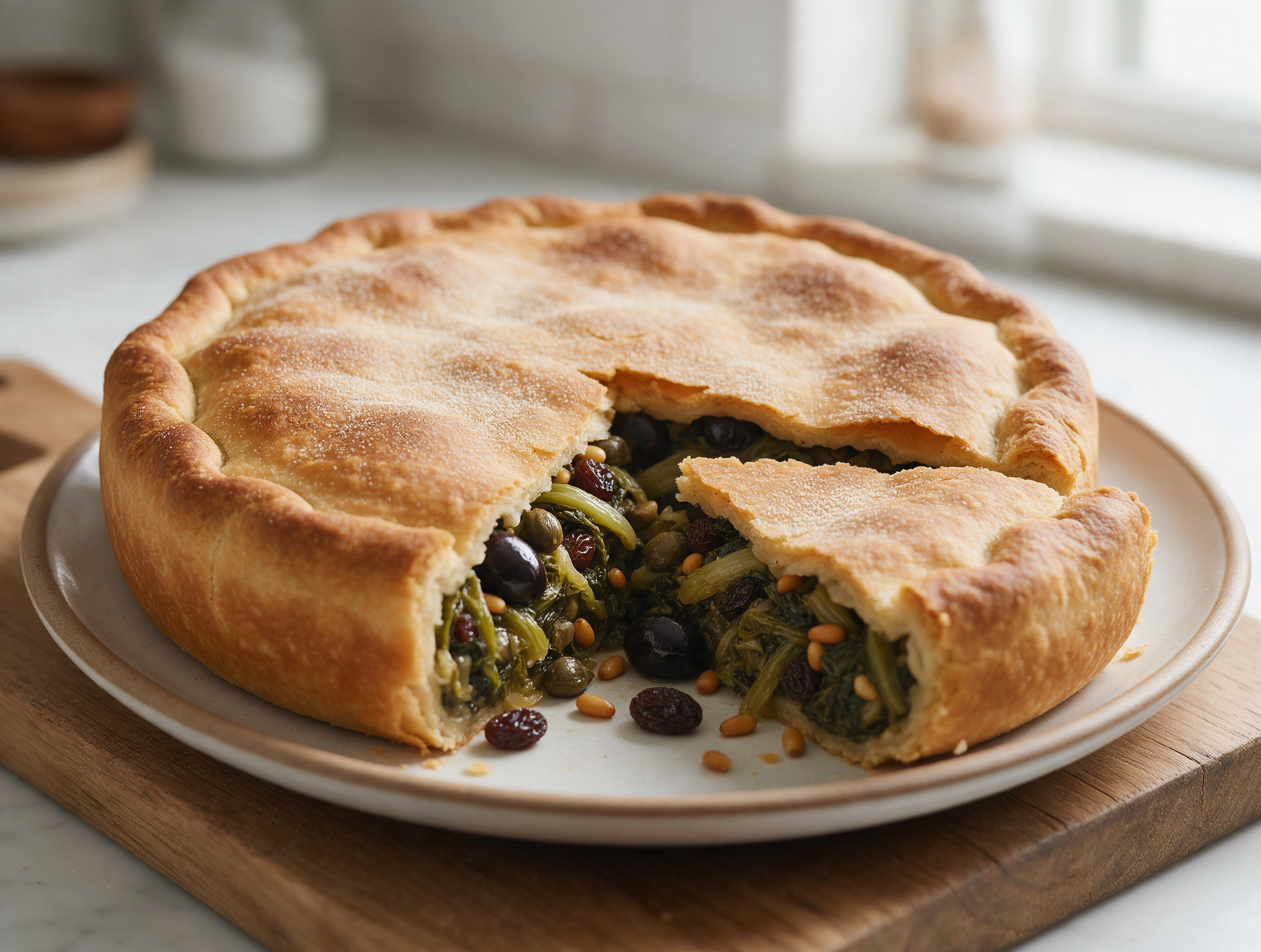 Overhead shot of a golden double-crust escarole pie, one wedge cut away showing olives and pine nuts inside.