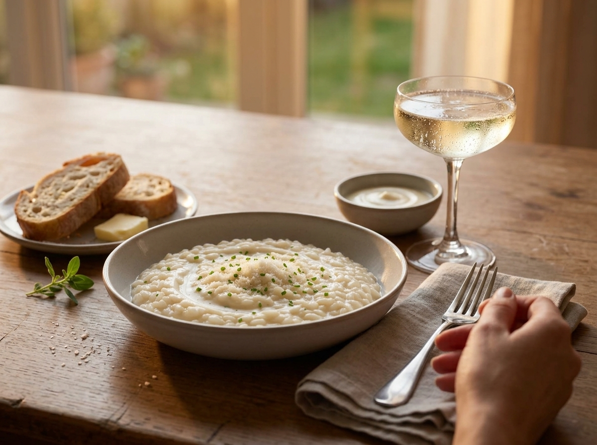 Hands reaching toward a plated risotto al Prosecco beside a glass of chilled Prosecco and a linen napkin at dinner