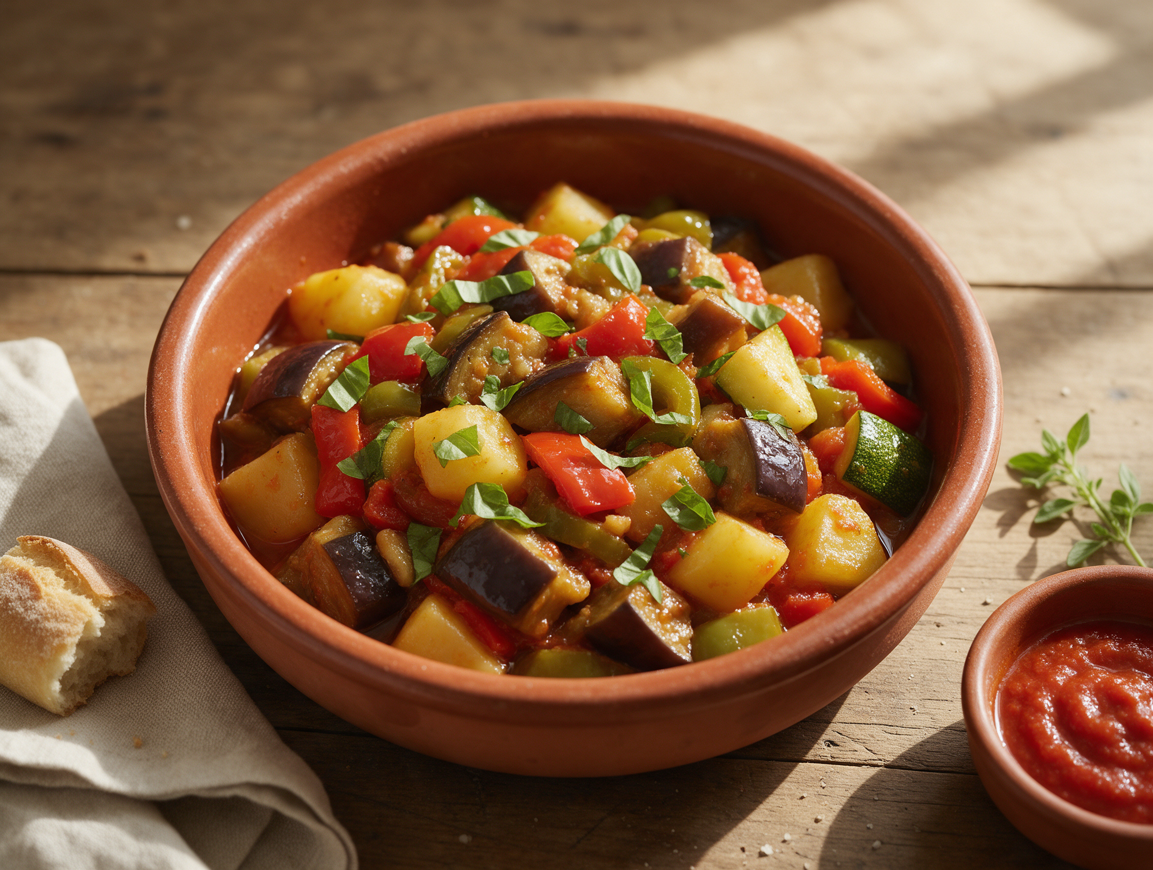 Terracotta bowl of cianfotta napoletana with eggplant, potato, and pepper chunks, topped with torn basil on a wooden table