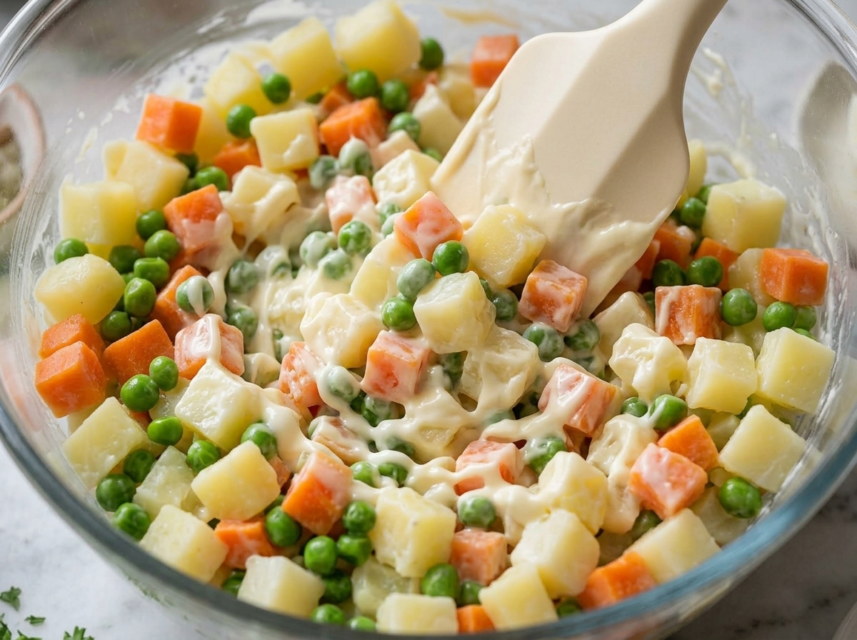 Hands folding diced boiled potatoes and carrots into mayonnaise dressing inside a glass mixing bowl on a marble counter.