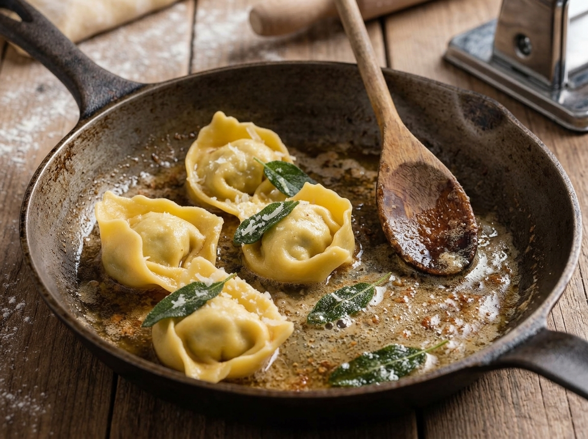 Hands folding a thin pasta square over a ricotta and chard filling on a floured wooden board mid-assembly