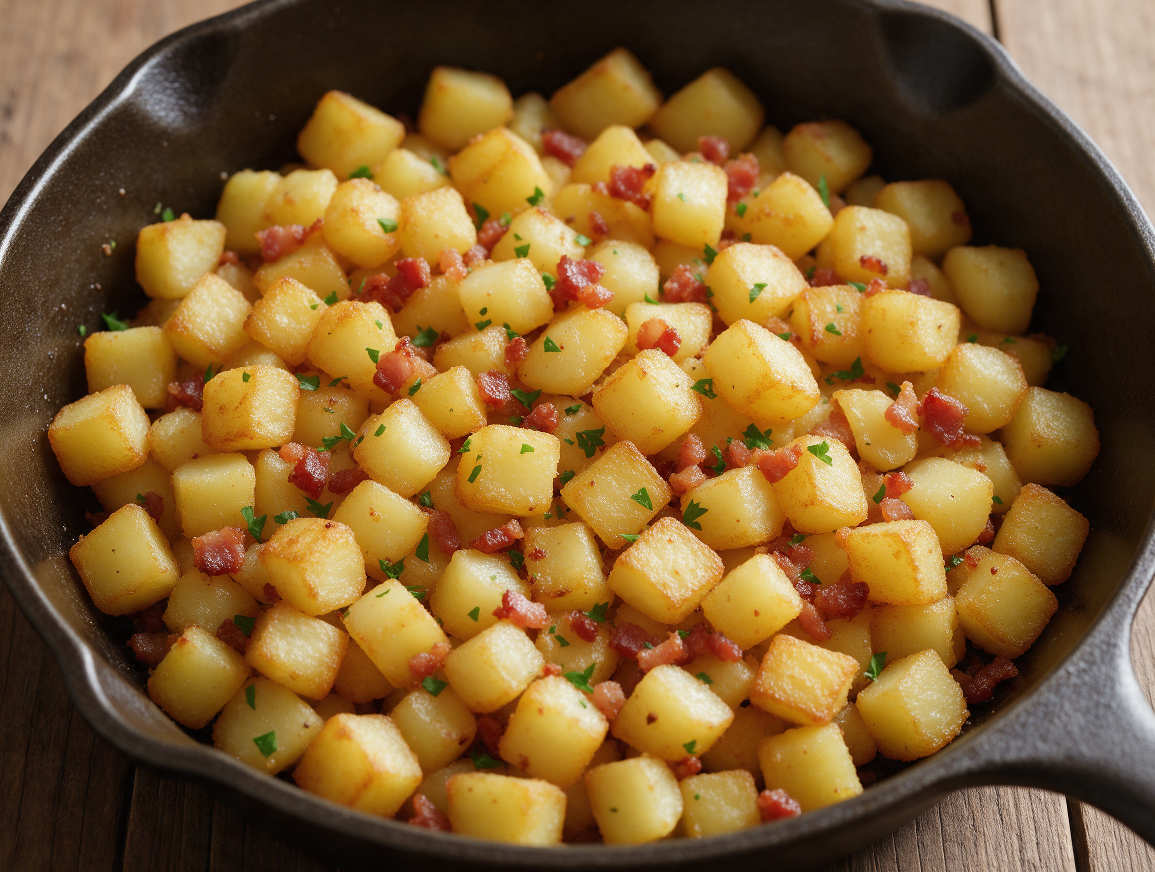 Top-down view of crisp golden potato cubes with pancetta bits and parsley flecks in a dark cast-iron skillet.