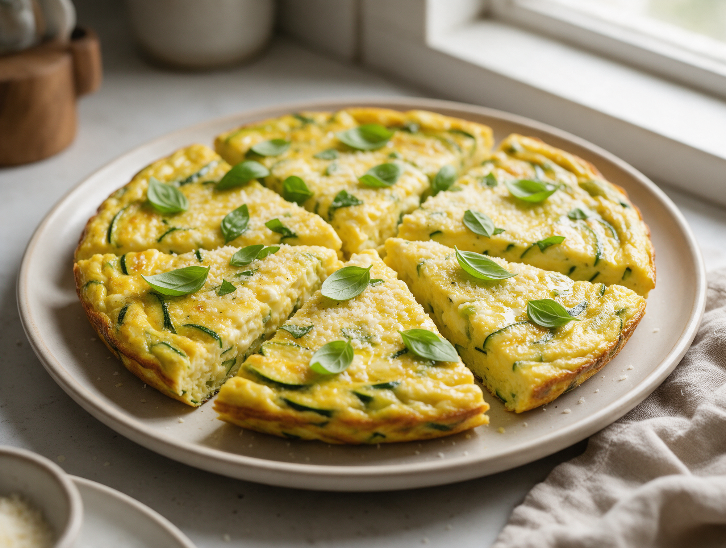 Wedges of zucchini frittata on a wooden board with torn basil and visible parmesan flecks in the golden egg custard
