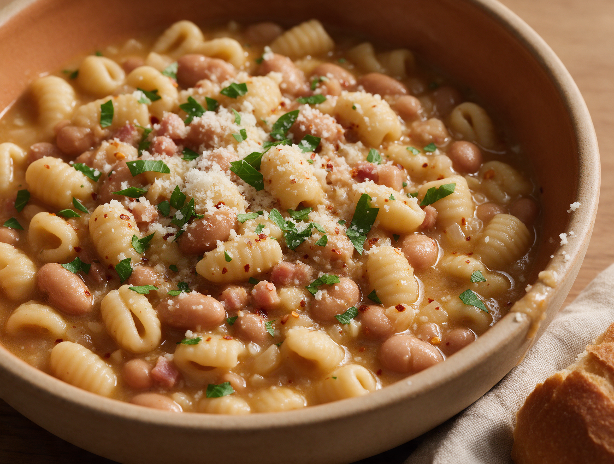 Overhead shot of borlotti bean and cavatelli stew in a ceramic bowl, parmesan shavings and parsley on top, wooden table