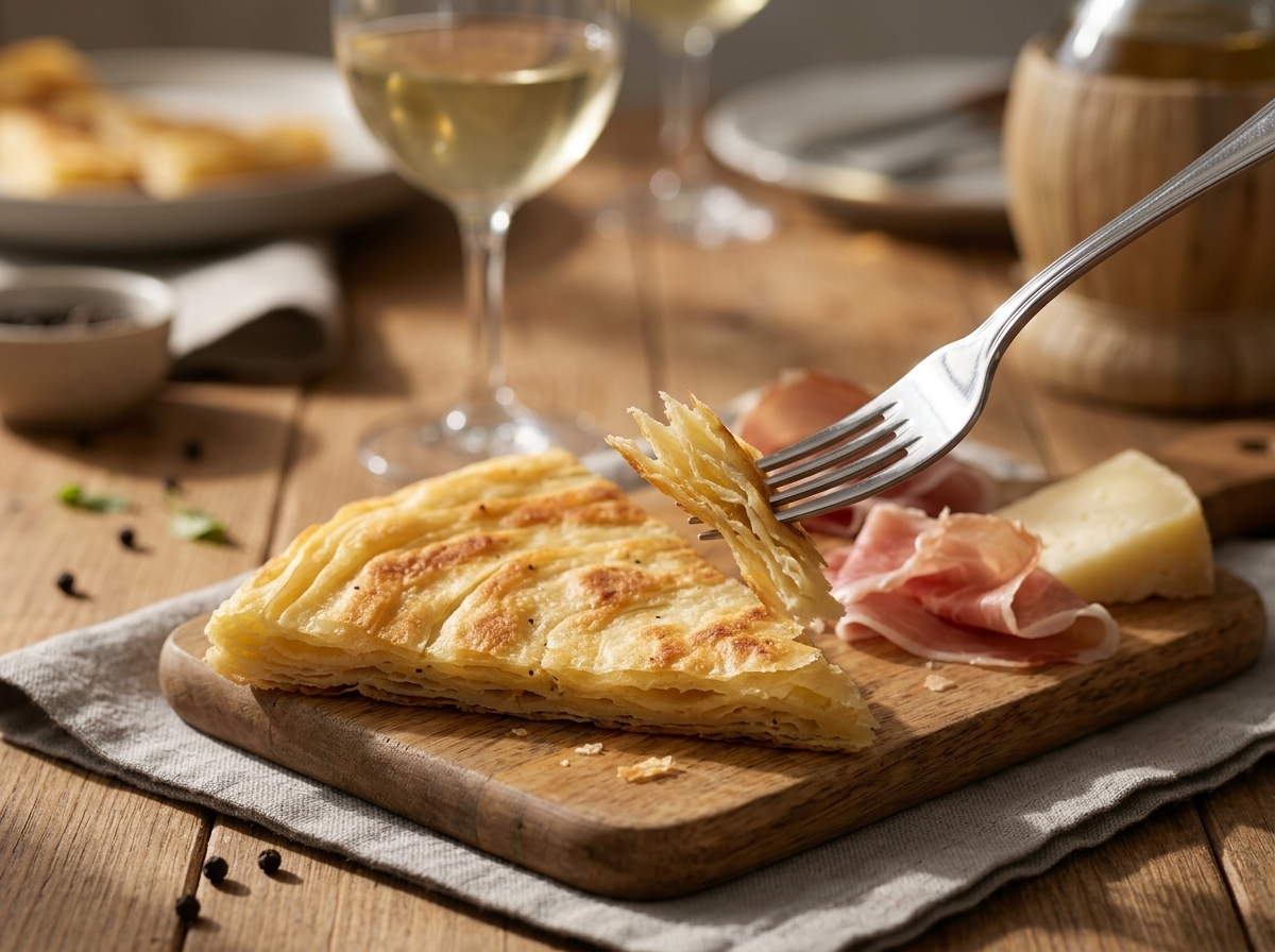 Sliced crescia sfogliata served on a linen-lined board with cured meats and a glass of white wine at brunch.