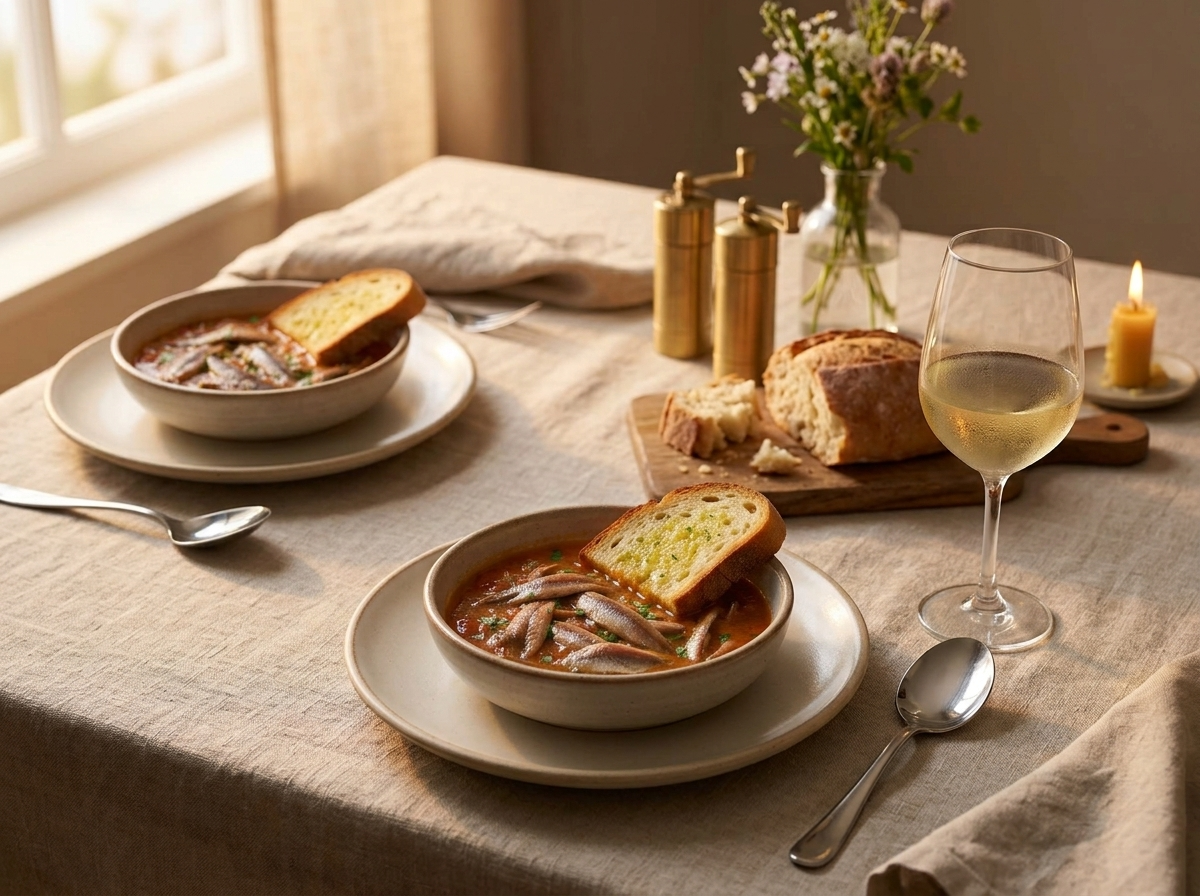 Two bowls of anchovy stew on a linen-set table with a glass of white wine and torn bread nearby.