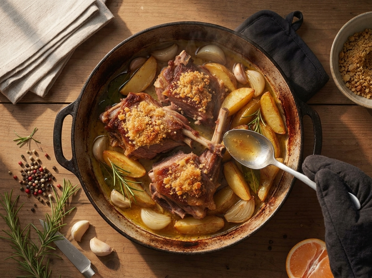 Basting bone-in goat pieces with pan juices in a roasting pan alongside browning potato wedges and rosemary sprigs