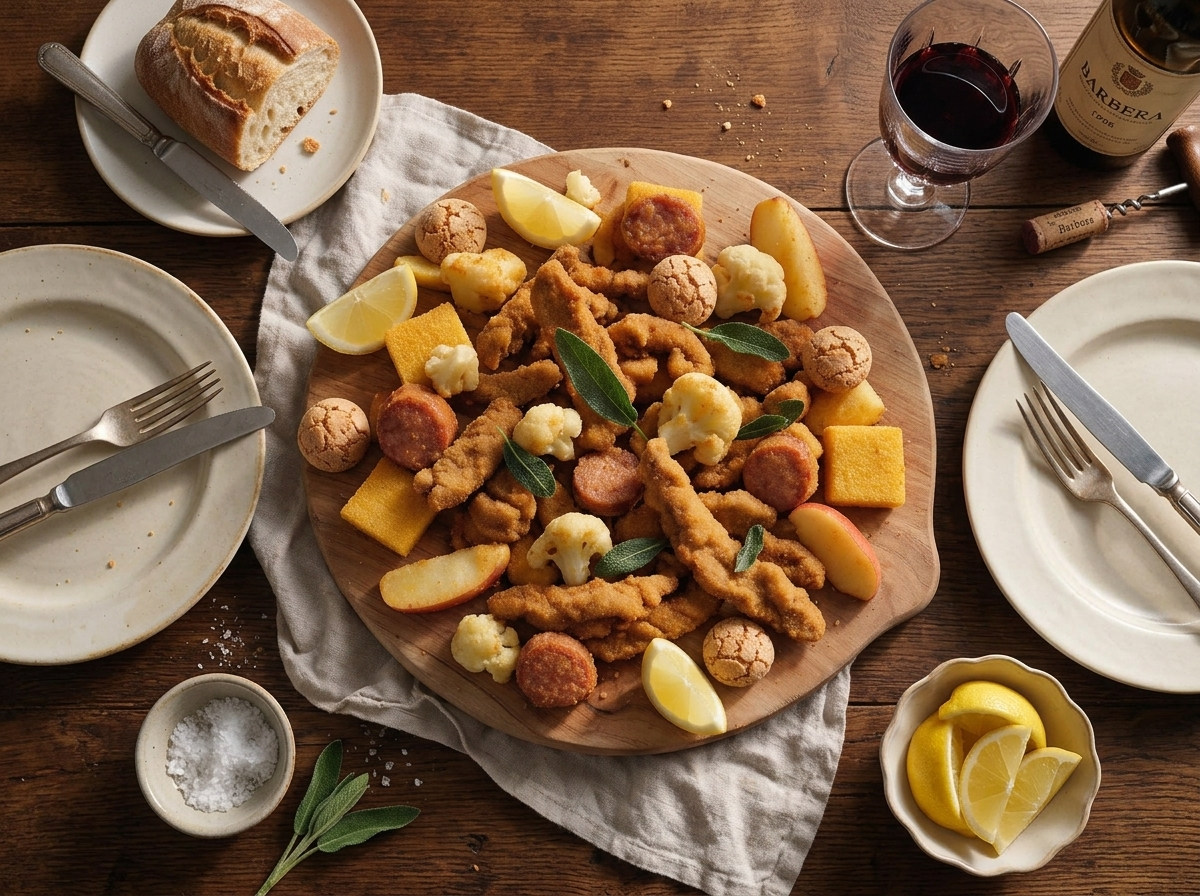 A rustic table set with a platter of fried Piedmontese mixed fry, a glass of red wine, and a linen napkin under warm light.