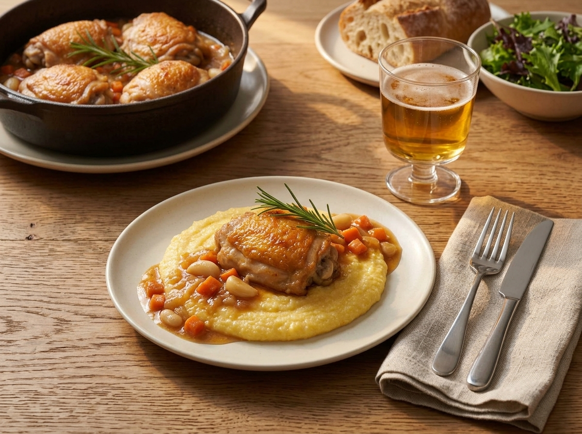A plate of beer-braised chicken thigh over soft polenta on a rustic wooden table, glass of lager nearby.