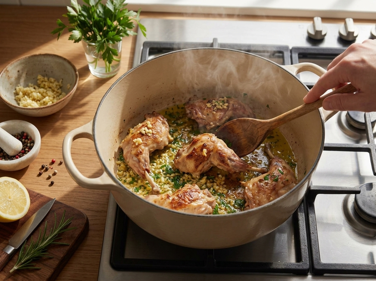 Rabbit pieces browning in a Dutch oven with olive oil sizzling and a golden crust forming on the edges