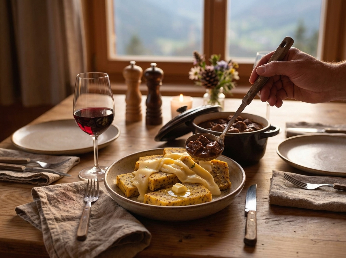 A bowl of polenta cropa next to braised beef stew on a rustic wooden table lit by window light
