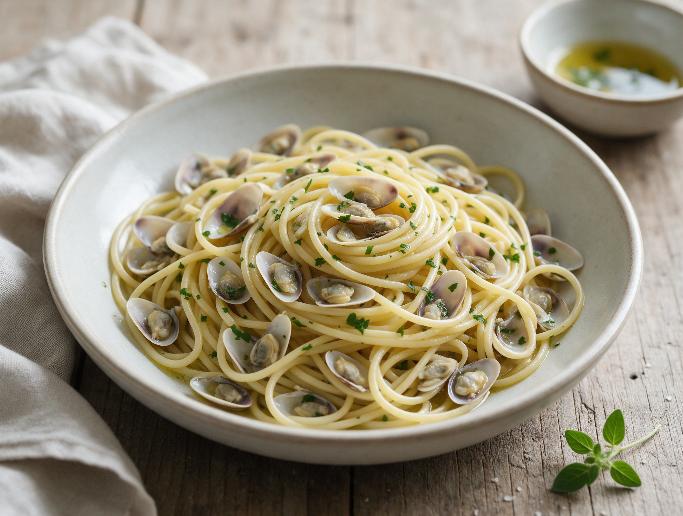 Bowl of spaghetti con le telline with open wedge clam shells and parsley on a weathered wooden table under soft light