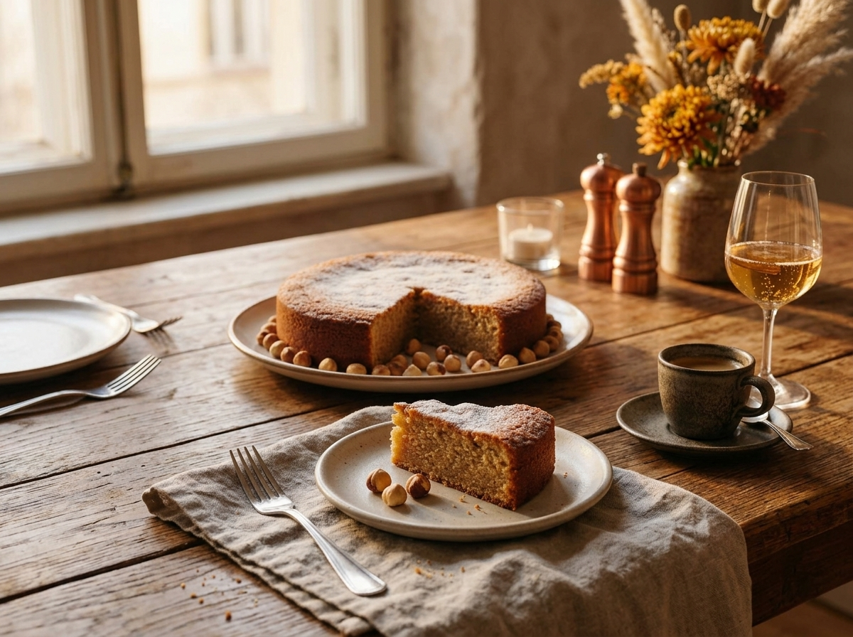 Slice of Piedmontese hazelnut cake on a linen napkin next to an espresso cup and a glass of Moscato d'Asti