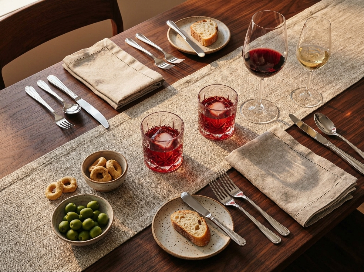 Two Milano-Torino cocktails on a marble table at golden hour beside olives, taralli, and a folded linen napkin.