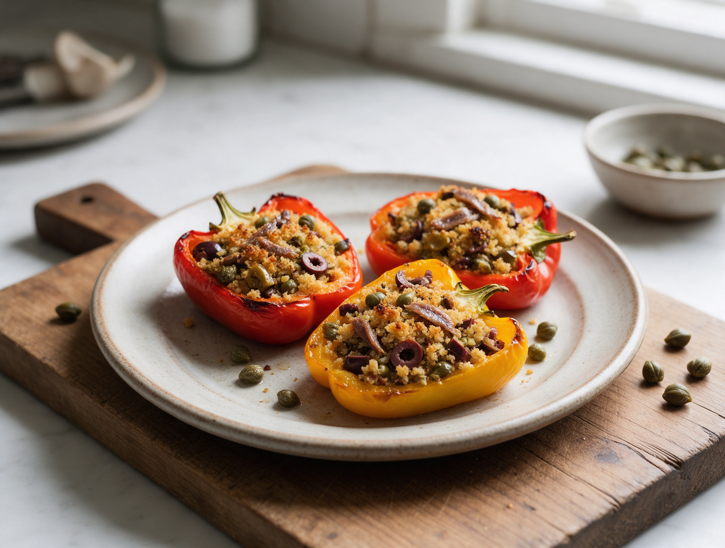 Overhead view of golden Neapolitan stuffed peppers with visible capers and olive flecks in the crumb filling.