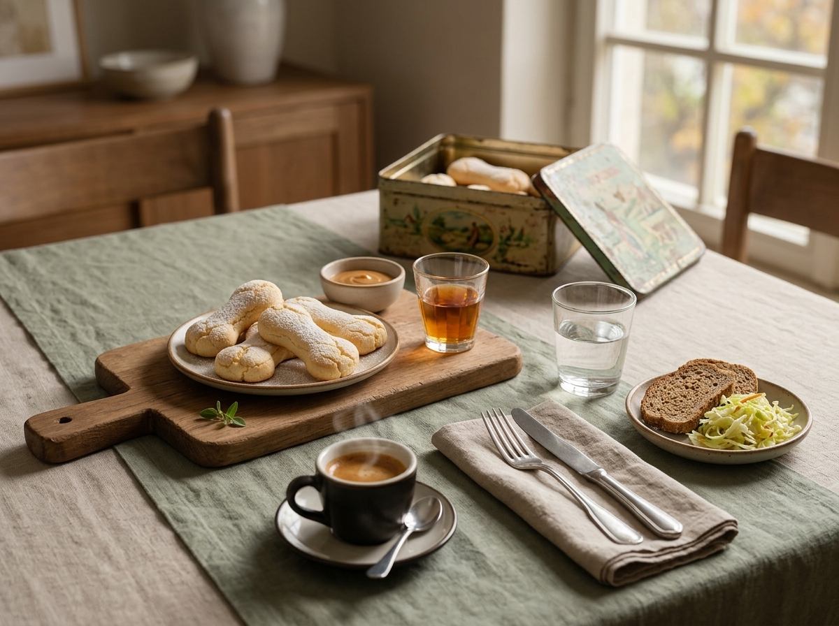 A small plate of almond bone cookies beside a glass of sweet wine and espresso on a linen-covered table.