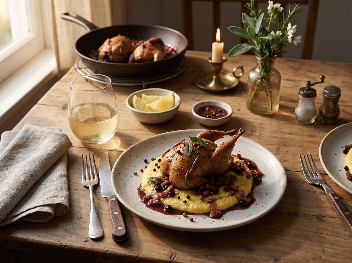Rustic table setting with quaglie in tegame plated over creamy polenta, a folded linen napkin, and a glass of white wine.